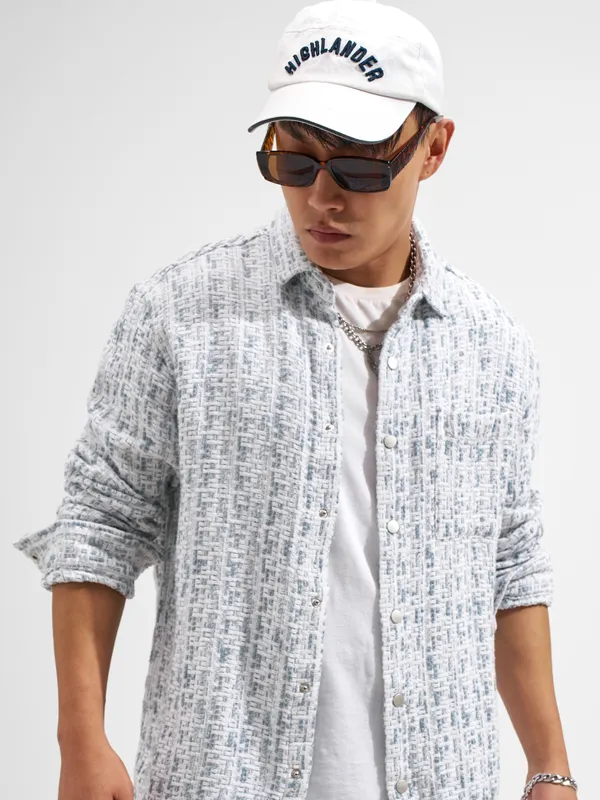 Highlander Men White Self Design Relaxed Fit Casual Shirt