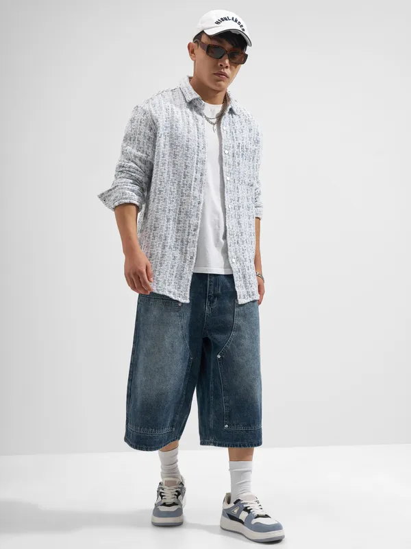 Highlander Men White Self Design Relaxed Fit Casual Shirt