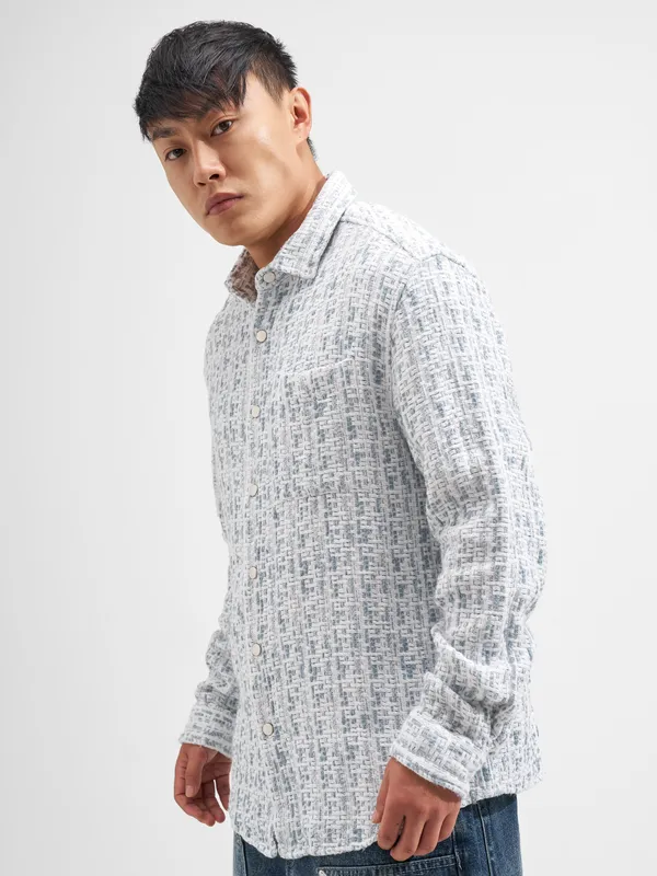 Highlander Men White Self Design Relaxed Fit Casual Shirt