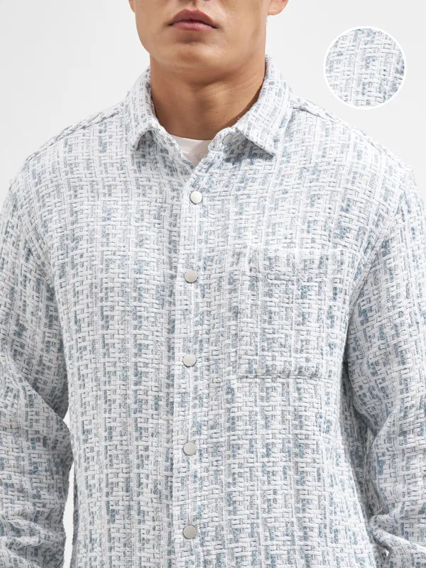 Highlander Men White Self Design Relaxed Fit Casual Shirt