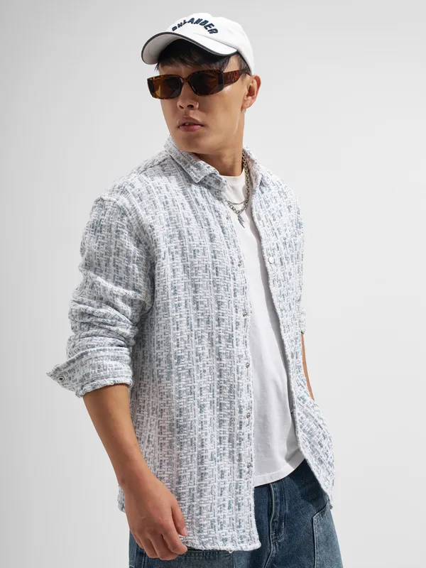 Highlander Men White Self Design Relaxed Fit Casual Shirt