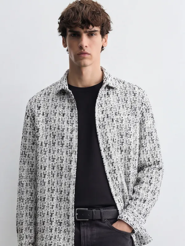 Highlander Men White Self Design Relaxed Fit Casual Shirt