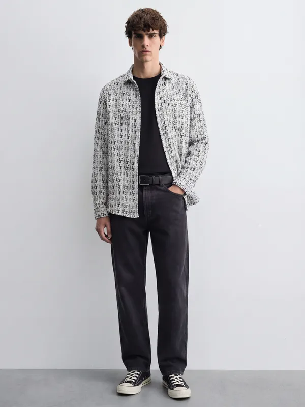 Highlander Men White Self Design Relaxed Fit Casual Shirt