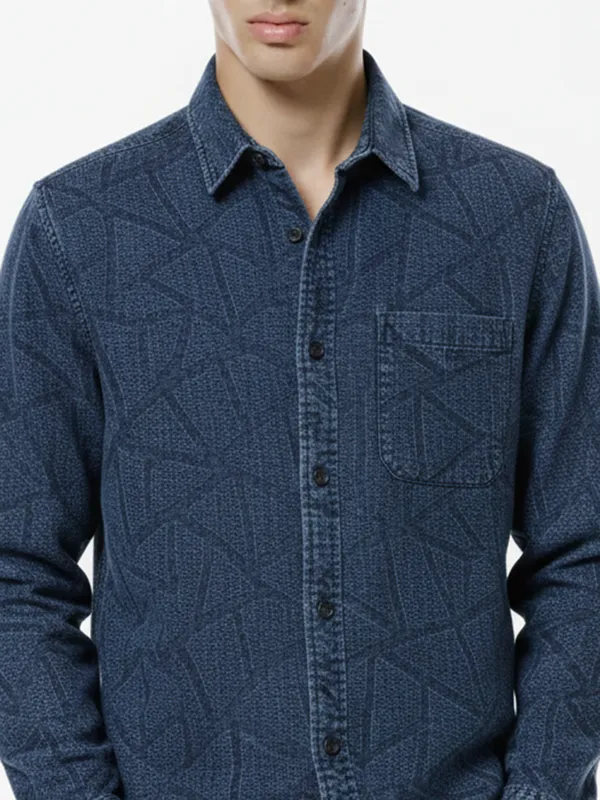 Highlander Men Blue Self Design Slim Fit Casual Shirt