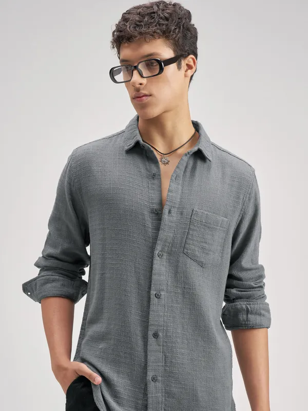 Highlander Men Blue Self Design Regular Fit Casual Shirt