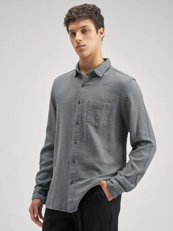 Highlander Men Blue Self Design Regular Fit Casual Shirt