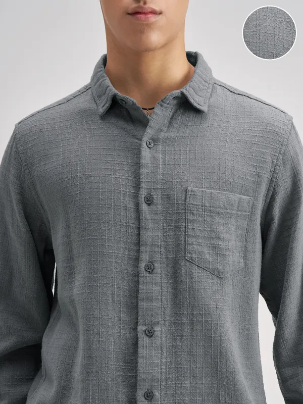 Highlander Men Blue Self Design Regular Fit Casual Shirt