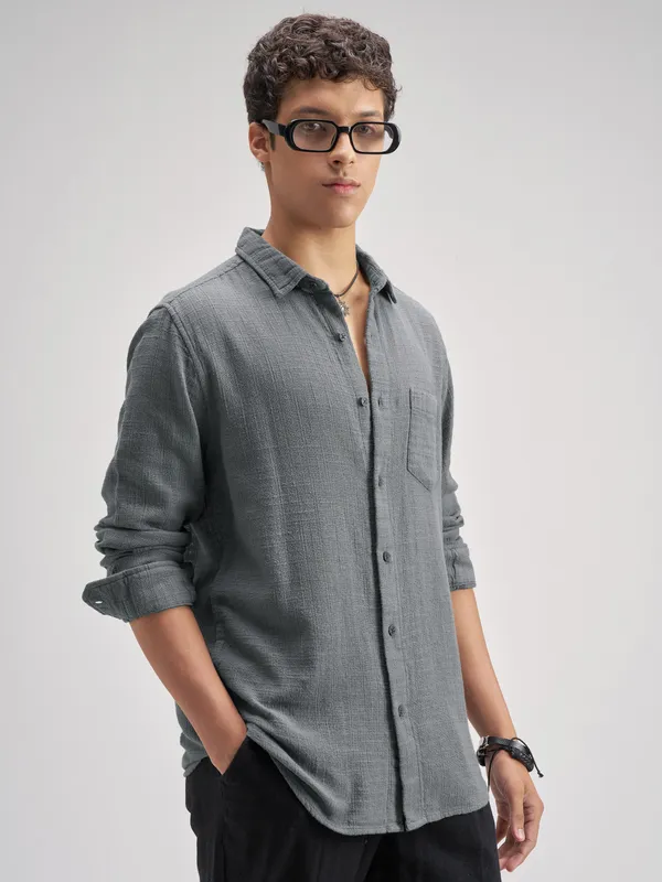 Highlander Men Blue Self Design Regular Fit Casual Shirt