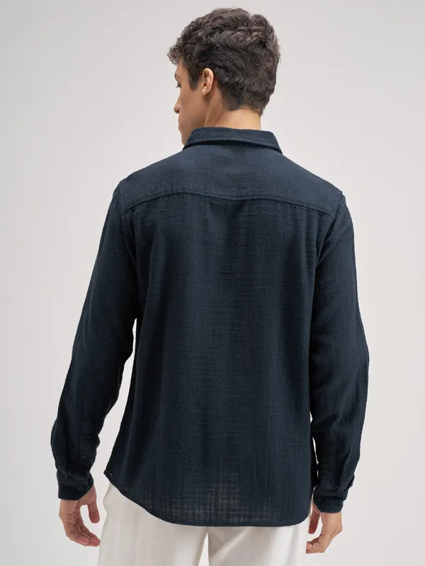 Highlander Men Navy Blue Self Design Regular Fit Casual Shirt