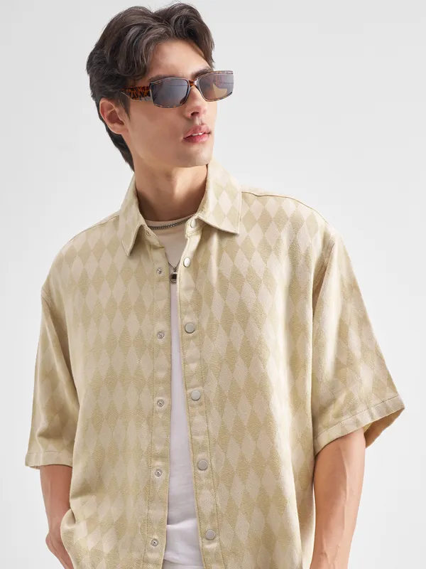 Highlander Men Beige Self Design Oversized Fit Casual Shirt