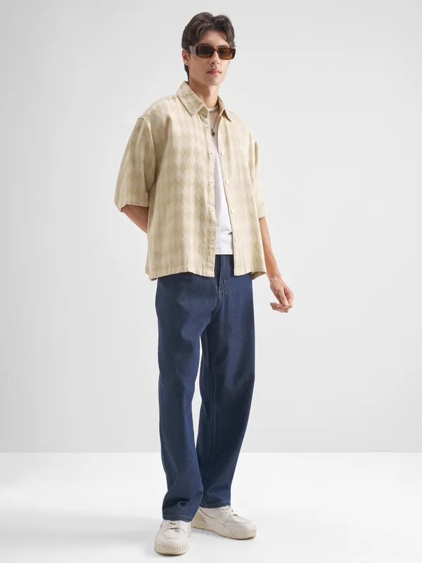 Highlander Men Beige Self Design Oversized Fit Casual Shirt