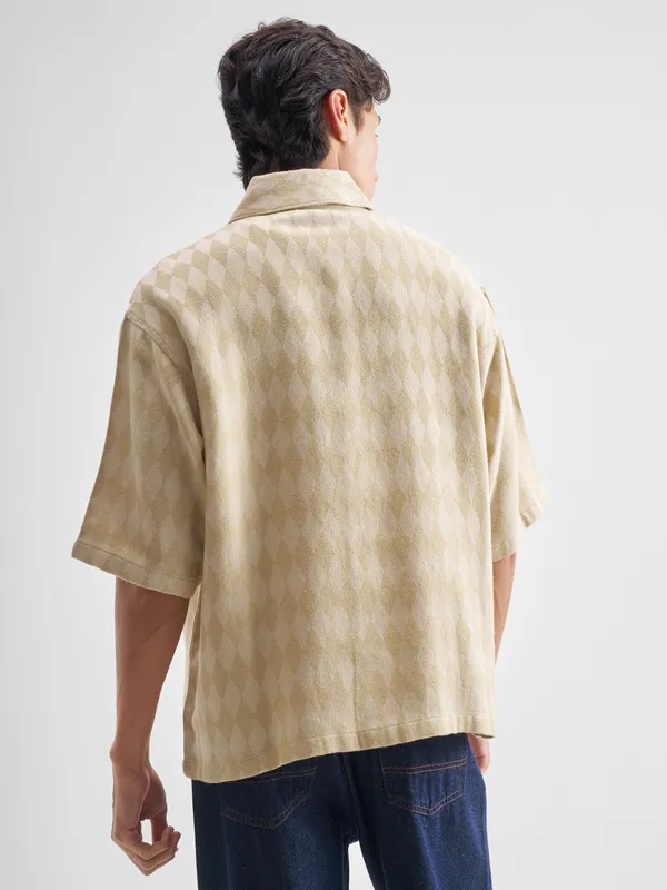 Highlander Men Beige Self Design Oversized Fit Casual Shirt