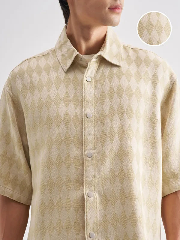 Highlander Men Beige Self Design Oversized Fit Casual Shirt