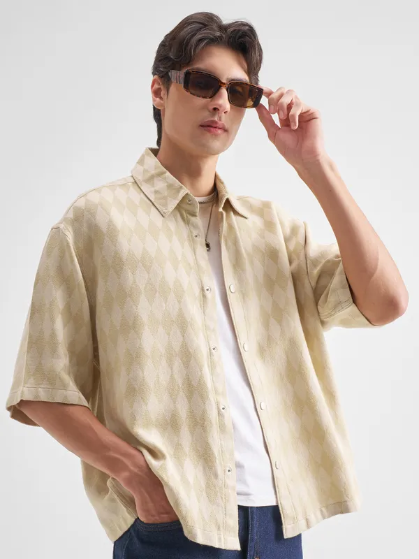 Highlander Men Beige Self Design Oversized Fit Casual Shirt