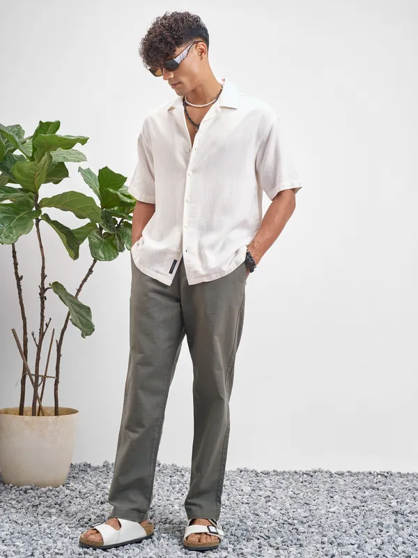 Highlander Men White Self Design Oversized Fit Casual Shirt