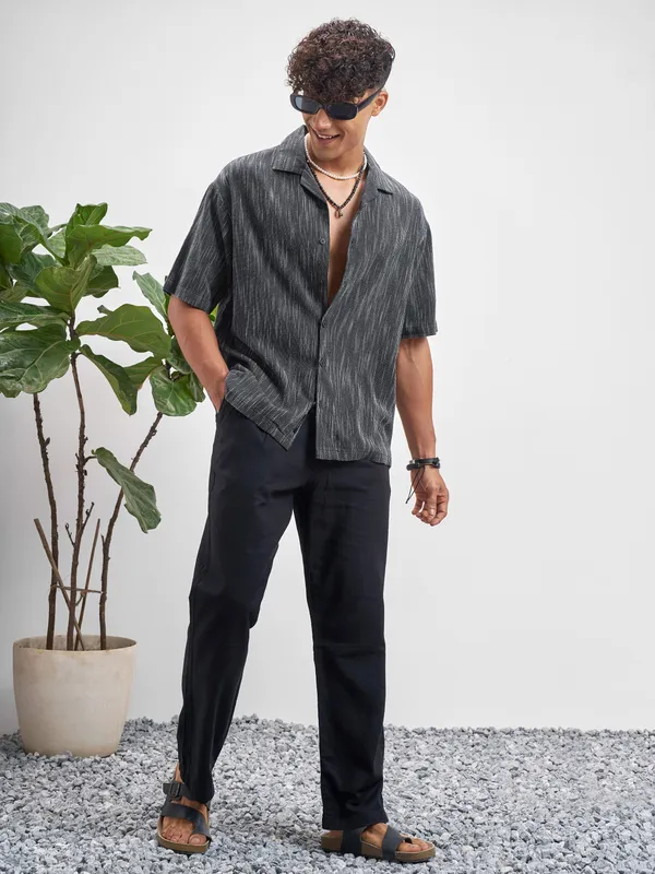 Highlander Men Black Self Design Oversized Fit Casual Shirt