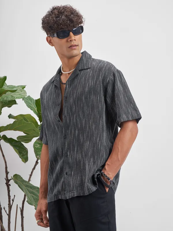 Highlander Men Black Self Design Oversized Fit Casual Shirt