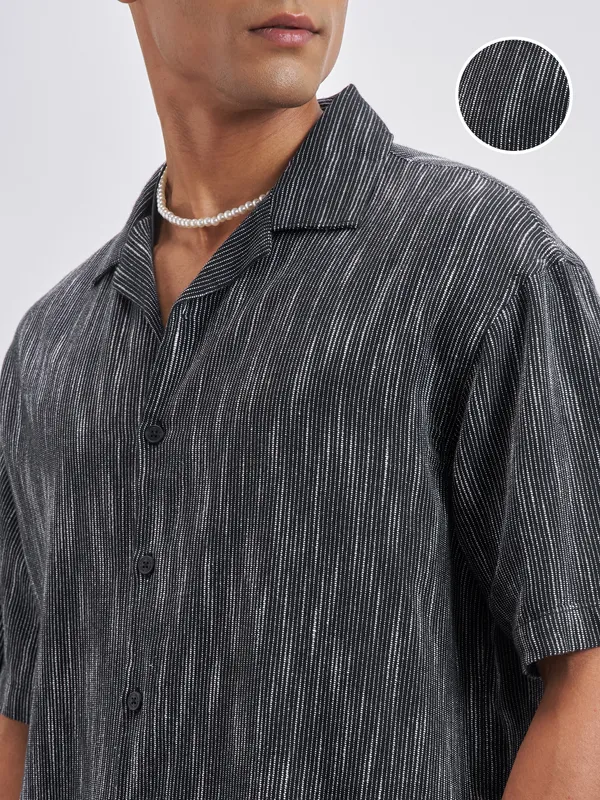 Highlander Men Black Self Design Oversized Fit Casual Shirt