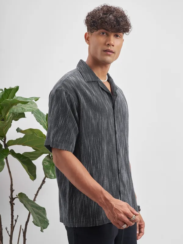 Highlander Men Black Self Design Oversized Fit Casual Shirt