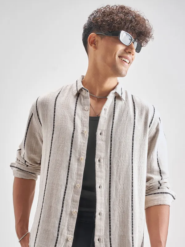 Highlander Men Beige Striped Relaxed Fit Casual Shirt