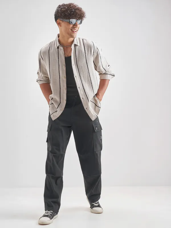 Highlander Men Beige Striped Relaxed Fit Casual Shirt