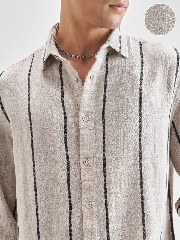 Highlander Men Beige Striped Relaxed Fit Casual Shirt