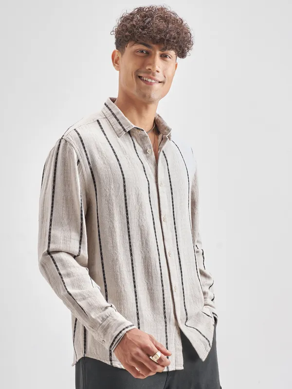 Highlander Men Beige Striped Relaxed Fit Casual Shirt