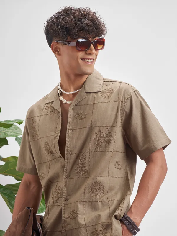 Highlander Men Brown Embroidered Relaxed Fit Casual Shirt