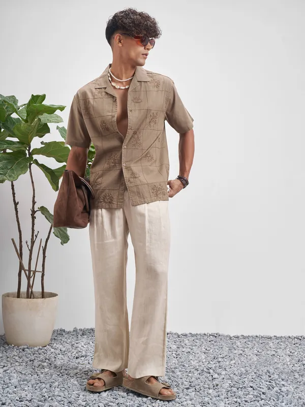 Highlander Men Brown Embroidered Relaxed Fit Casual Shirt