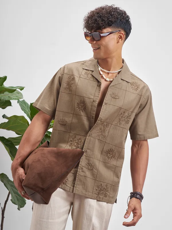 Highlander Men Brown Embroidered Relaxed Fit Casual Shirt