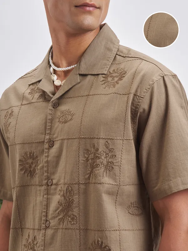 Highlander Men Brown Embroidered Relaxed Fit Casual Shirt