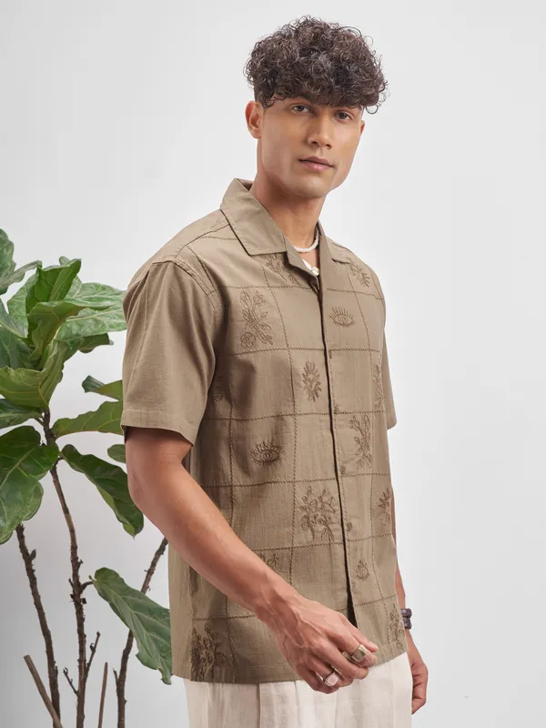 Highlander Men Brown Embroidered Relaxed Fit Casual Shirt