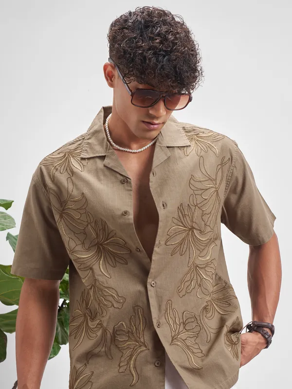 Highlander Men Brown Embroidered Relaxed Fit Casual Shirt