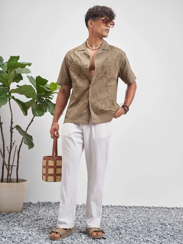 Highlander Men Brown Embroidered Relaxed Fit Casual Shirt