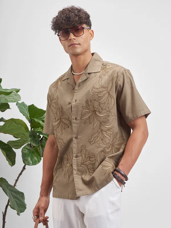 Highlander Men Brown Embroidered Relaxed Fit Casual Shirt