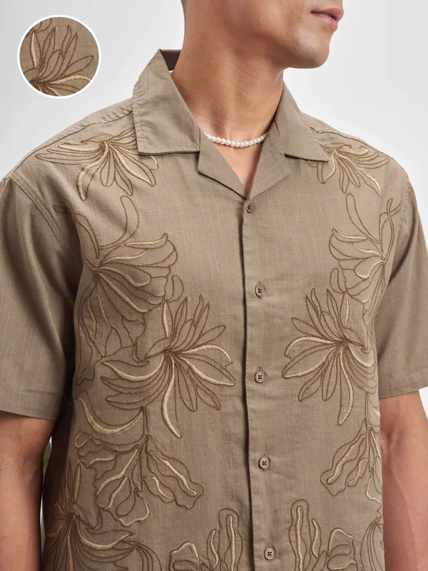 Highlander Men Brown Embroidered Relaxed Fit Casual Shirt