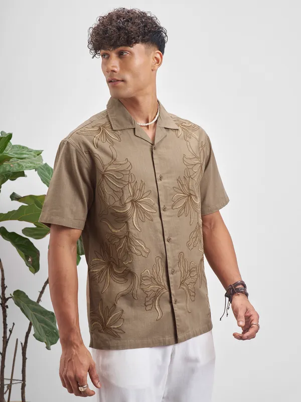 Highlander Men Brown Embroidered Relaxed Fit Casual Shirt
