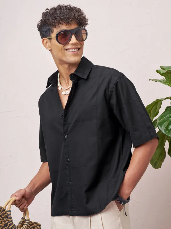 Highlander Men Black Self Design Boxy Fit Casual Shirt