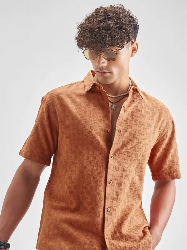 Highlander Men Rust Self Design Relaxed Fit Casual Shirt