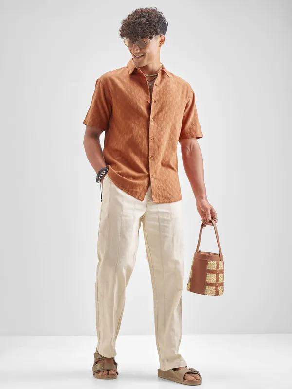 Highlander Men Rust Self Design Relaxed Fit Casual Shirt