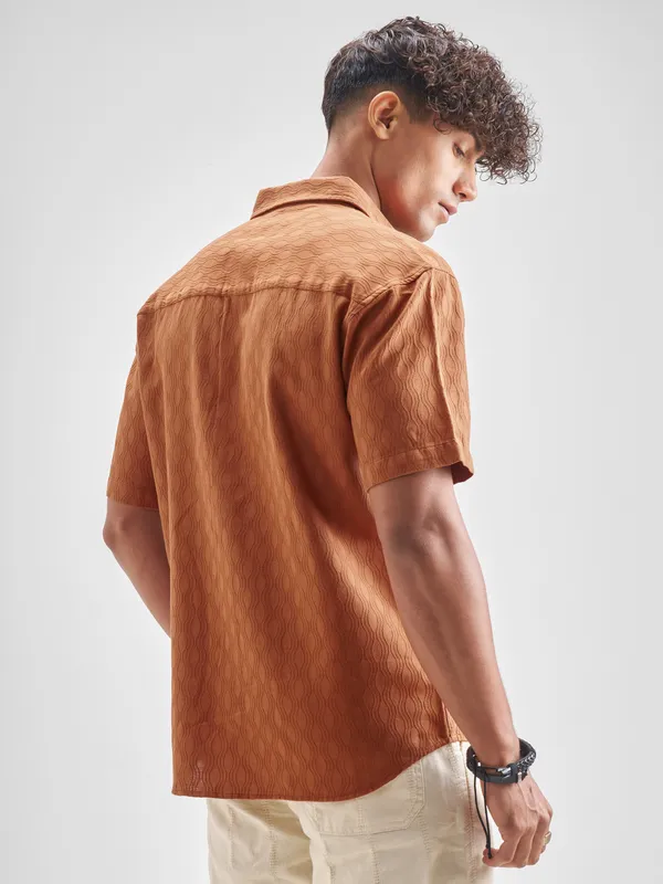 Highlander Men Rust Self Design Relaxed Fit Casual Shirt