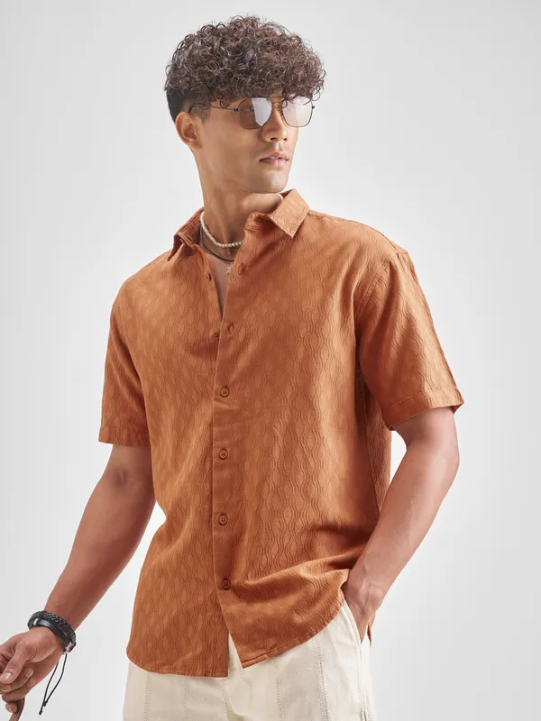 Highlander Men Rust Self Design Relaxed Fit Casual Shirt