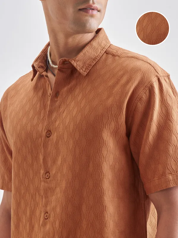 Highlander Men Rust Self Design Relaxed Fit Casual Shirt