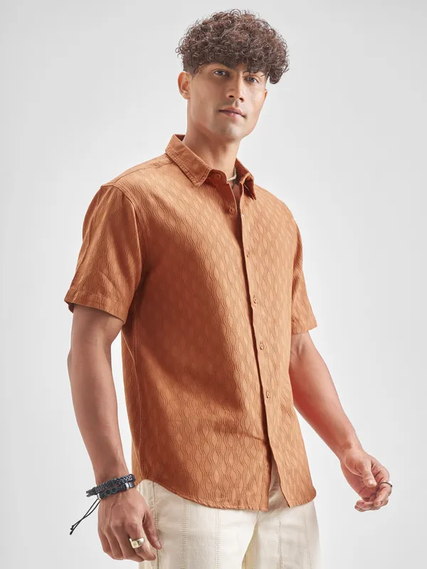 Highlander Men Rust Self Design Relaxed Fit Casual Shirt