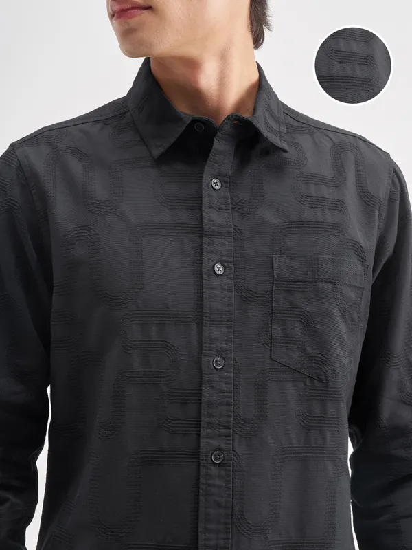 Highlander Men Black Self Design Regular Fit Casual Shirt