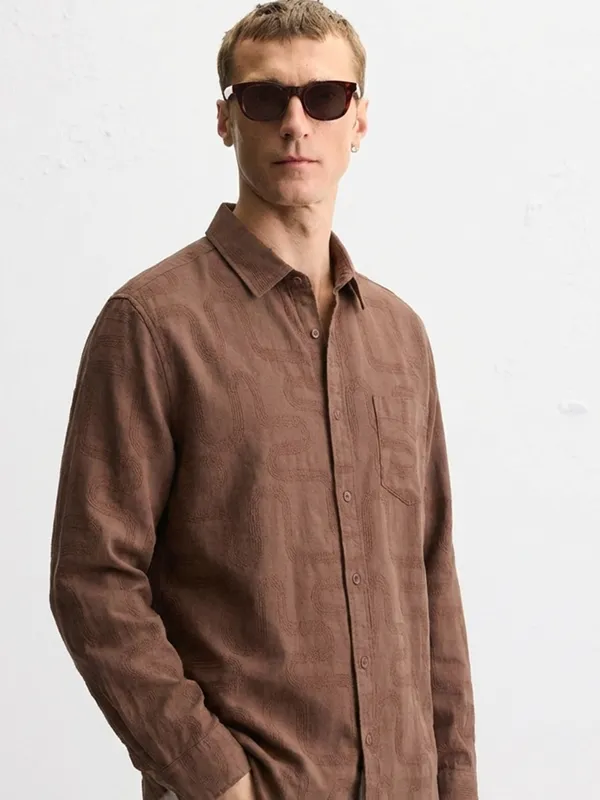 Highlander Men Brown Self Desgin Slim Fit Casual Shirt