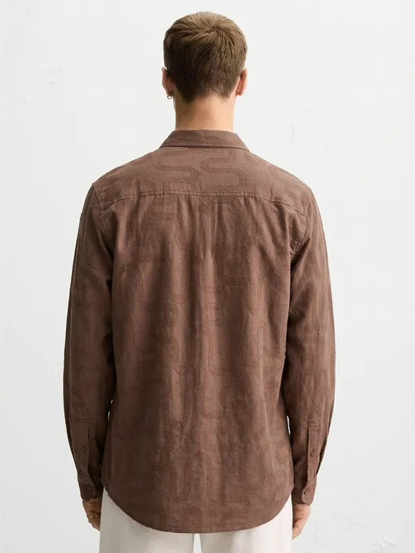 Highlander Men Brown Self Desgin Slim Fit Casual Shirt