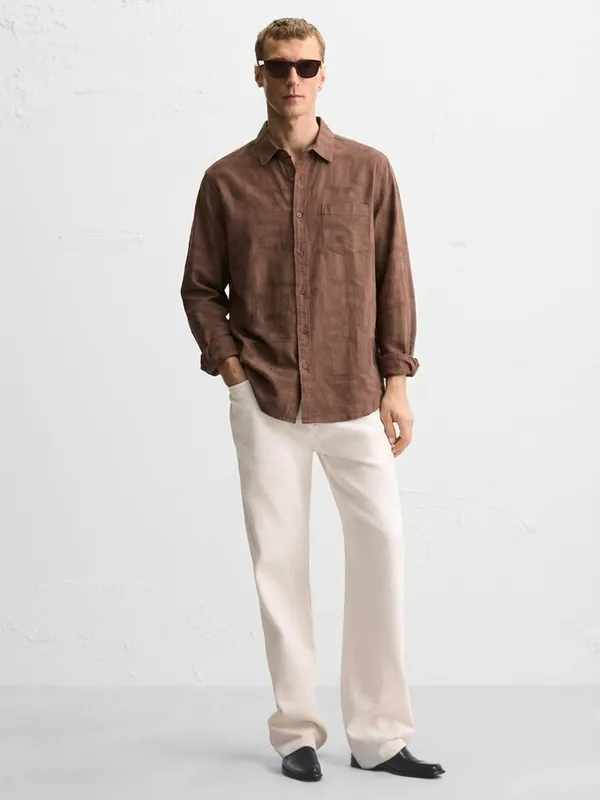 Highlander Men Brown Self Desgin Slim Fit Casual Shirt