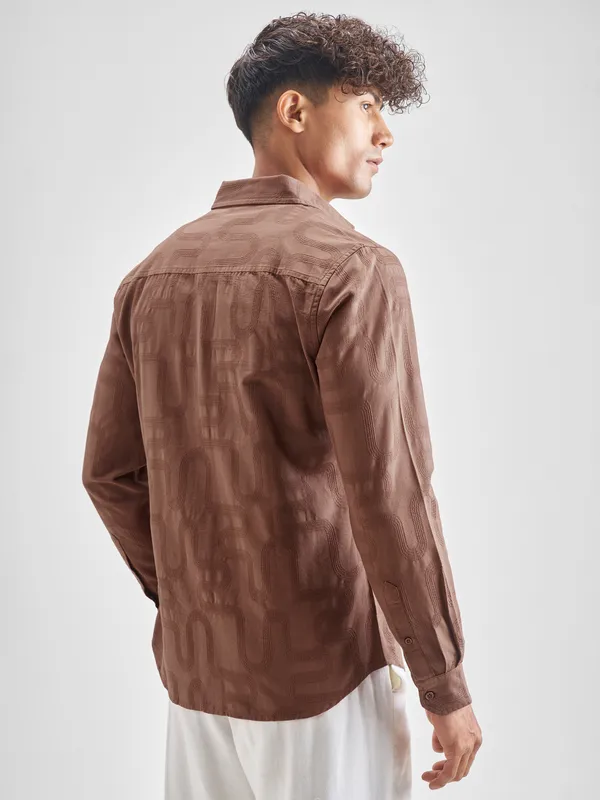 Highlander Men Brown Self Desgin Slim Fit Casual Shirt