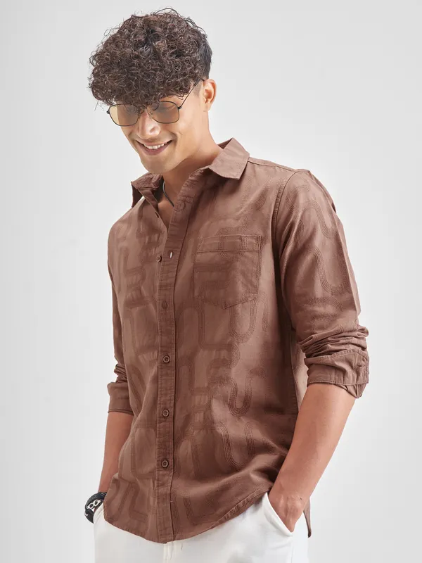 Highlander Men Brown Self Desgin Slim Fit Casual Shirt